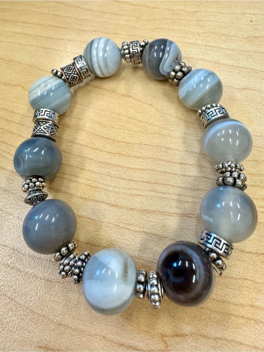 Gray Agate Beaded Stretchy Bracelet with Silver Accents